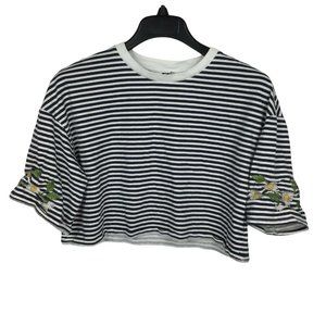 H&M Womens Crop Top Floral Embroidered Stripe Navy & White Short Sleeves S Small